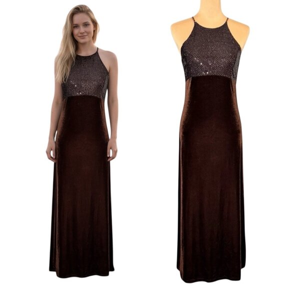 VTG 90s Velvet Maxi Dress Sz.S Brown Sleeveless Sequins HOCO Event Party Formal - Picture 1 of 15